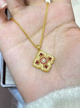 红气质女吊装刚玉四叶草国风吊坠镶钻小红书轻奢同款电镀直播真金