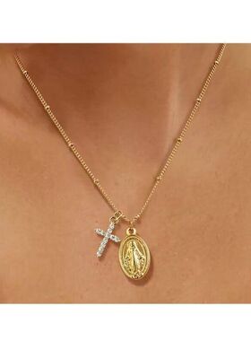 十字架节日吊坠速卖通项链圆形链外贸简约时尚金色女锁骨复古礼物