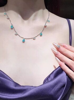 女链女帕拉伊蓝流苏湖水锁骨吊坠巴绿爱心项链闪钻高级轻奢