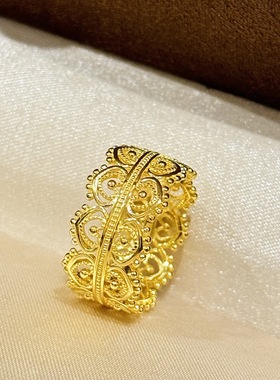 鑫葆康轻奢s925通体纯银宫廷风蕾丝皇冠戒指镂空钩花感富婆古法