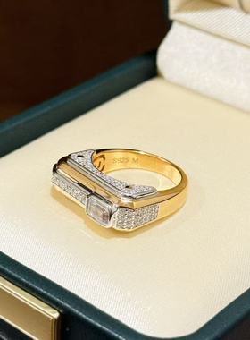 设计师s925纯银 老钱风双色拼色满钻方形戒指双拼梯方钻感