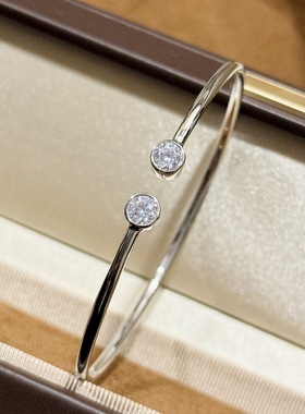 S925纯银 双钻开口手镯弹簧印不变形轻奢百搭极简风百搭叠戴