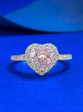 轻奢珠宝新款S925银高碳钻7*7心形粉钻戒指小清新跨境款女