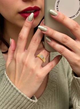 鑫葆康s925纯银轻奢满钻方形戒指女意大利编织食指戒感小红书爆款