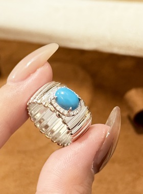 s925纯银 罗缎绿松石宽版条纹戒指感围镶复古蓝松精致意大利