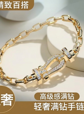轻奢S925银大号马蹄扣满钻手链时尚款精致轻奢百搭高级感椭圆光面