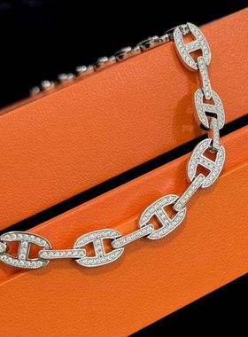 感小众钻项圈厚重满奢华猪鼻S925鼻子镶嵌项链经典猪纯银镂空奢华