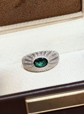 轻奢s925纯银 鸽子蛋祖母绿满钻戒指麻花纹复古古典精致