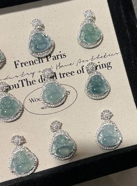 XBK新中式天然危料蓝水佛公S925纯银镶嵌吊坠冰种翡翠罗汉笑佛项