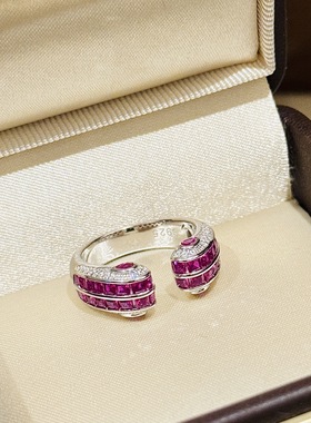 鑫葆康轻奢s925纯银玫红宝石梯方钻开口戒指感复古显白精致甜美