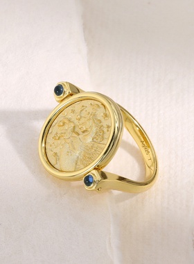 S925纯银镀金复古飞马戒指女款轻奢宫廷风雕花指环蓝宝石点缀小众