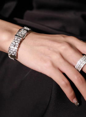 设计师S925纯银满钻软骨皮带人鱼表带扣手链女波光粼粼镶钻鱼鳞