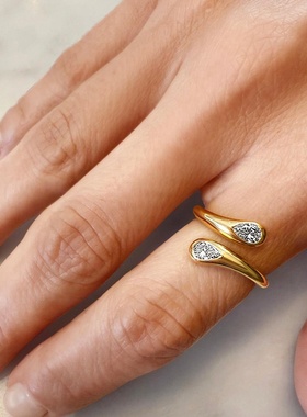 欧美热销爆款s925纯银个性百搭感双水滴锆石简约轻奢戒指