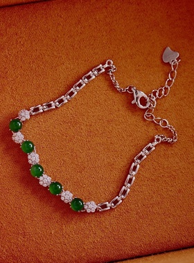 天然a货翡翠四叶草手链s925银镀18k白金小众设计翡翠饰品源头