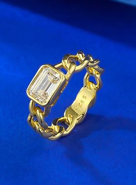 轻奢珠宝S925银长方锆石古巴金色