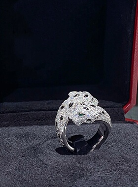 轻奢s925纯银双头斑点豹满钻戒指轻奢感开口设计时尚个性潮款