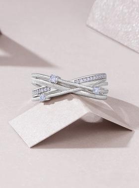 设计师S925纯银满钻镂空交叉戒指轻奢百搭精致时尚莫桑钻结婚婚礼