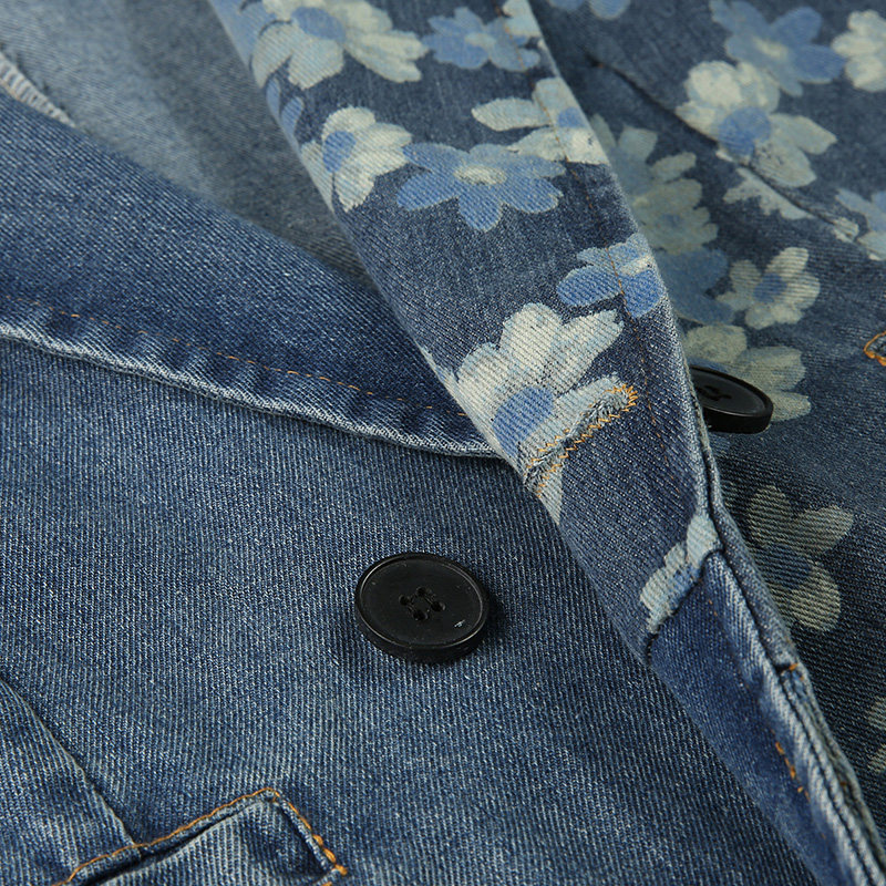 韩潮袭人小香风印花西装领牛仔外套 韩潮袭人短外套