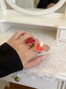 戒指蜡烛金属合金蜡烛指环戒 ins个性冷淡风爱心宝石镶钻宽版叠戴