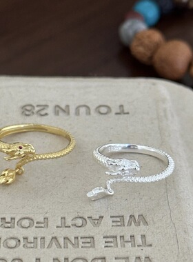 龙形戒指女时尚个性创意生肖本命年神龙S925银开口指环叠戴食指戒