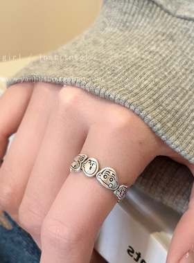 童趣可爱蜡笔小新戒指女复古做旧S925银开口食指戒ins冷淡风指环