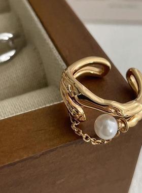 双层流苏链条戒指女简约气质优雅珍珠S925银开口指环叠戴食指戒潮