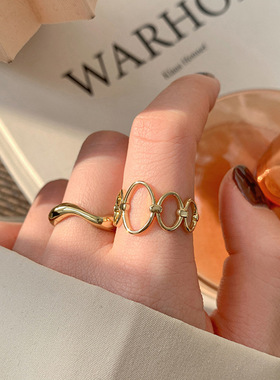 韩版S925银镂空几何不规则戒指女复古方形拼接开口指环创意食指戒