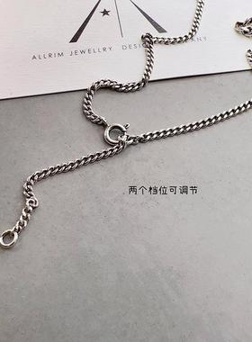 几何方形黑色锆石吊坠项链女复古时尚感恶性嘻哈S925银锁骨链颈链