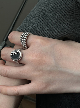 韩版S925银黑色玛瑙郁金香戒指女复古时尚气质花朵开口指环食指戒