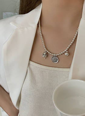 复古时尚S925银铃铛猫圆牌项链女气质个性算盘锁骨链圆球毛衣链潮