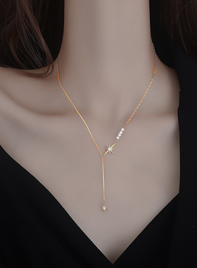 S925银淡水珍珠项链女复古时尚八芒星流苏锁骨链学生创意个性饰品