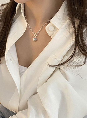 韩版S925银甜美爱心OT扣项链女复古时尚优雅桃心锁骨链创意饰品潮