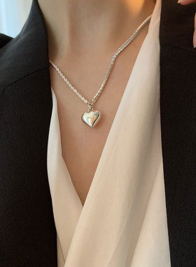 韩版S925银闪亮锆石拼接项链女复古时尚重工爱心锁骨链个性毛衣链