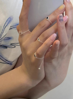 彩虹糖果色链条抽拉戒指女高级感爱心几何S925银可调节指环食指戒