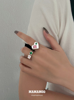 韩版S925银彩色宝石戒指女复古时尚爱心几何开口指环甜美食指戒潮