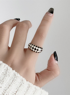 韩版S925银个性网格戒指女复古时尚拼色棋盘开口指环嘻哈食指戒潮