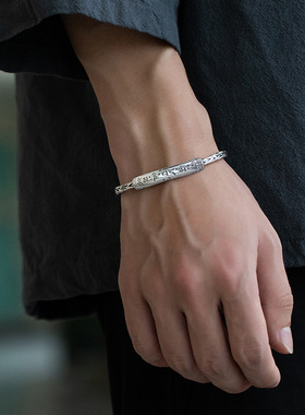 韩版S925银重工麻花手镯女复古时尚花纹图案梵文手环气质嘻哈手饰