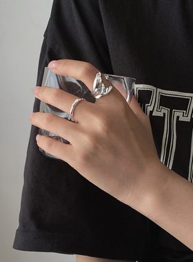 个性海豚戒指女复古时尚S925银嘻哈不规则开口指环创意摇滚食指戒