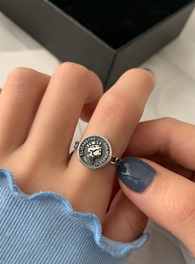 日韩S925银十字架戒指女复古时尚女王人像开口指环气质嘻哈食指戒