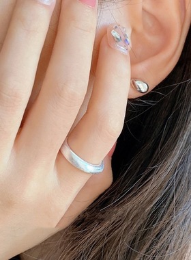 简约叠戴戒指女个性时尚气质磨砂拉丝S925银开口指环ins食指戒潮