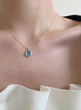 海蓝色锆石项链女几何椭圆优雅S925银ins锁骨链小众网红颈链