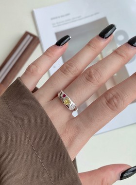 彩色爱心方块锆石戒指女璀璨星空个性百搭S925银开口指环食指戒潮