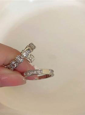 星耀闪亮皇冠叠戴戒指女法式复古浪漫气质S925银开口指环食指戒潮