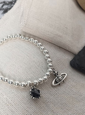 韩版S925银圆珠土星手链女复古时尚黑色锆石星星手环嘻哈个性手饰