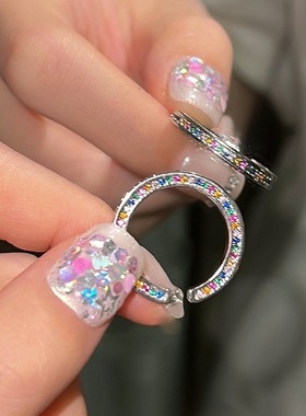 多巴胺配饰彩虹碎钻锆石戒指女网红新款轻奢气质开口食指戒指环潮