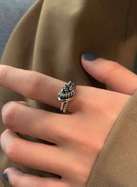 日韩S925银几何菱格戒指女复古时尚线条打结开口指环嘻哈食指戒潮