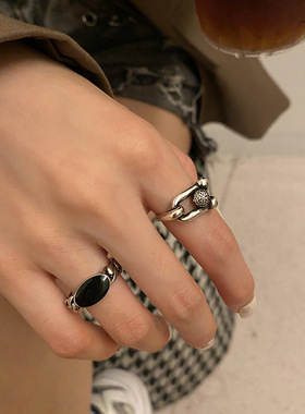 韩版S925银马蹄扣戒指女复古时尚U型开口指环个性嘻哈创意食指戒