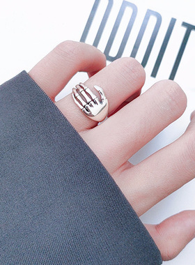 韩版S925银个性嘻哈骷髅手戒指女复古时尚朋克暗黑爱护开口食指环