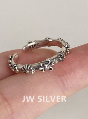 浮雕十字军花戒指女复古时尚重工鸢尾S925银开口指环甜酷食指戒潮