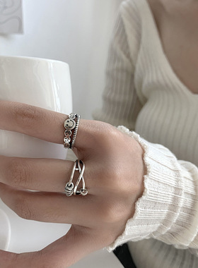 韩国s925银笑脸戒指女复古做旧时尚食指戒双层镂空线条指环女潮